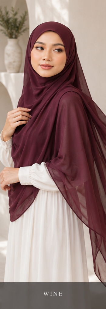 Woman wearing a wine-colored Malaysian Georgette hijab with a white background