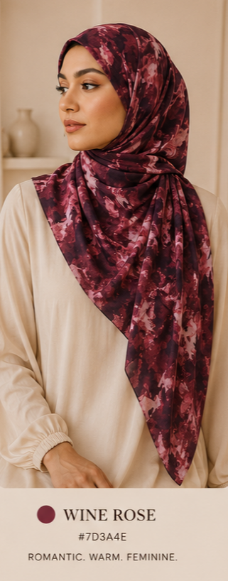 Woman wearing a wine rose digital printed patterned hijab with a neutral background