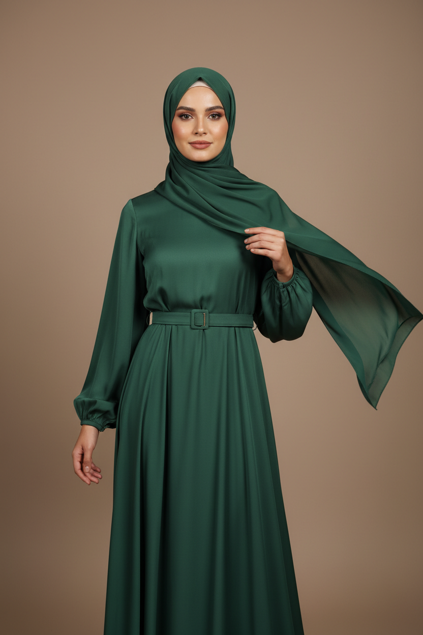 Woman wearing a Bottle green dress and hijab against a brown background