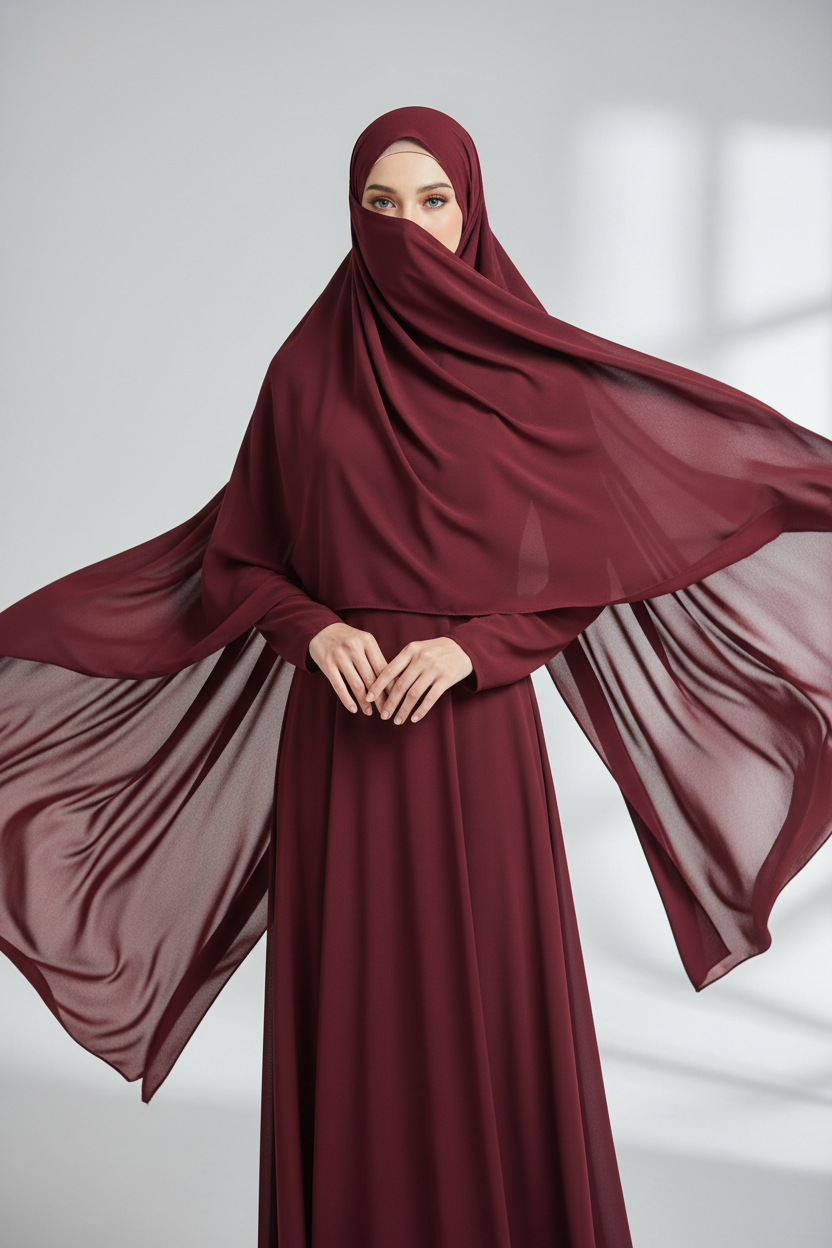 Woman wearing a Maroon Liquid chiffon Hijab and abaya with a flowing hijab on a light gray background