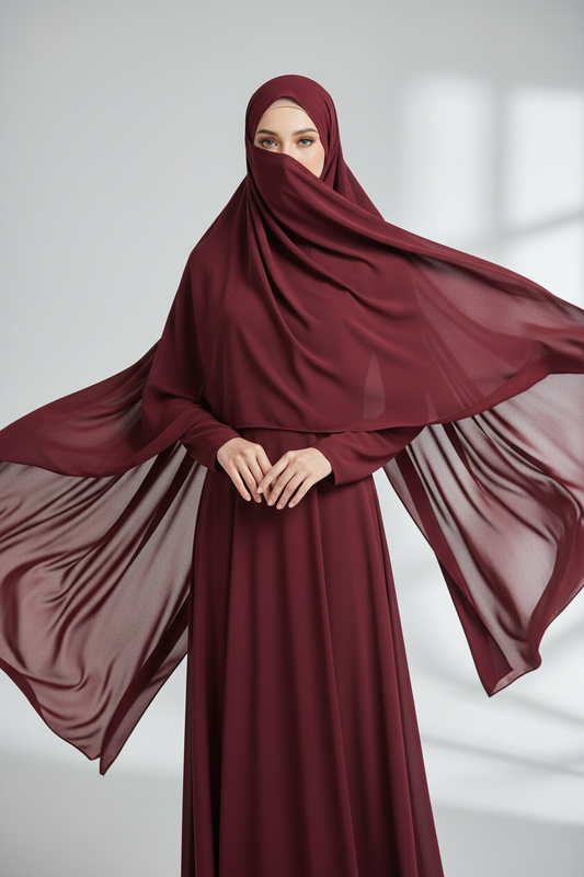 Woman wearing a Maroon Liquid chiffon Hijab and abaya with a flowing hijab on a light gray background