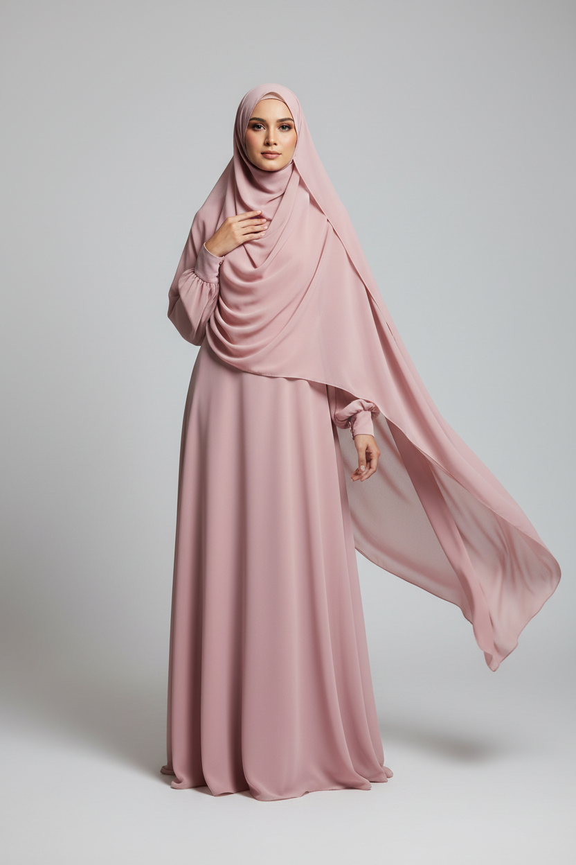 Woman wearing a pink hijab and dress on a white background