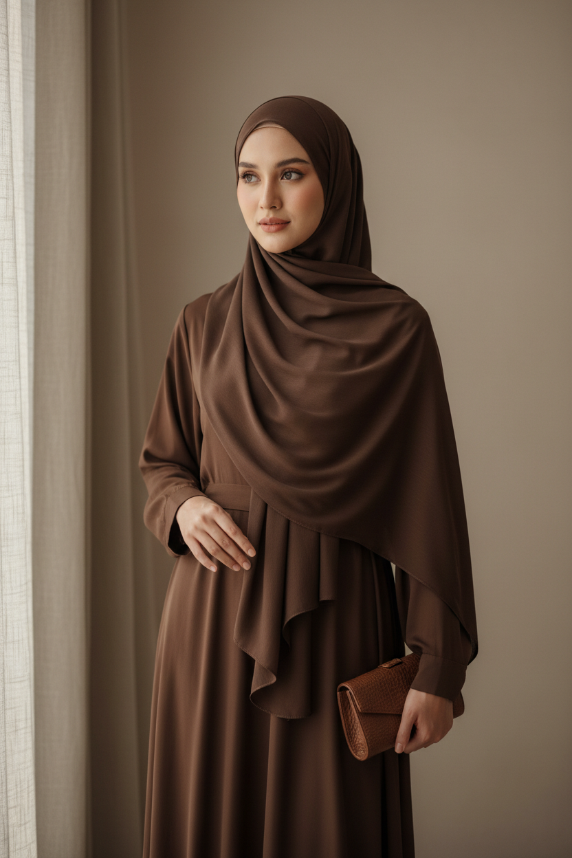 Woman wearing a Dark coffee brown hijab and dress against a neutral background