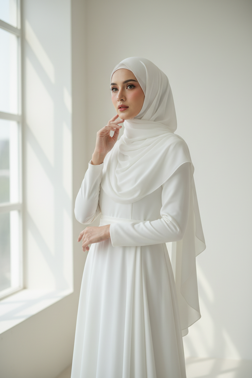 Woman wearing a milky white hijab and dress standing by a window with soft natural light.